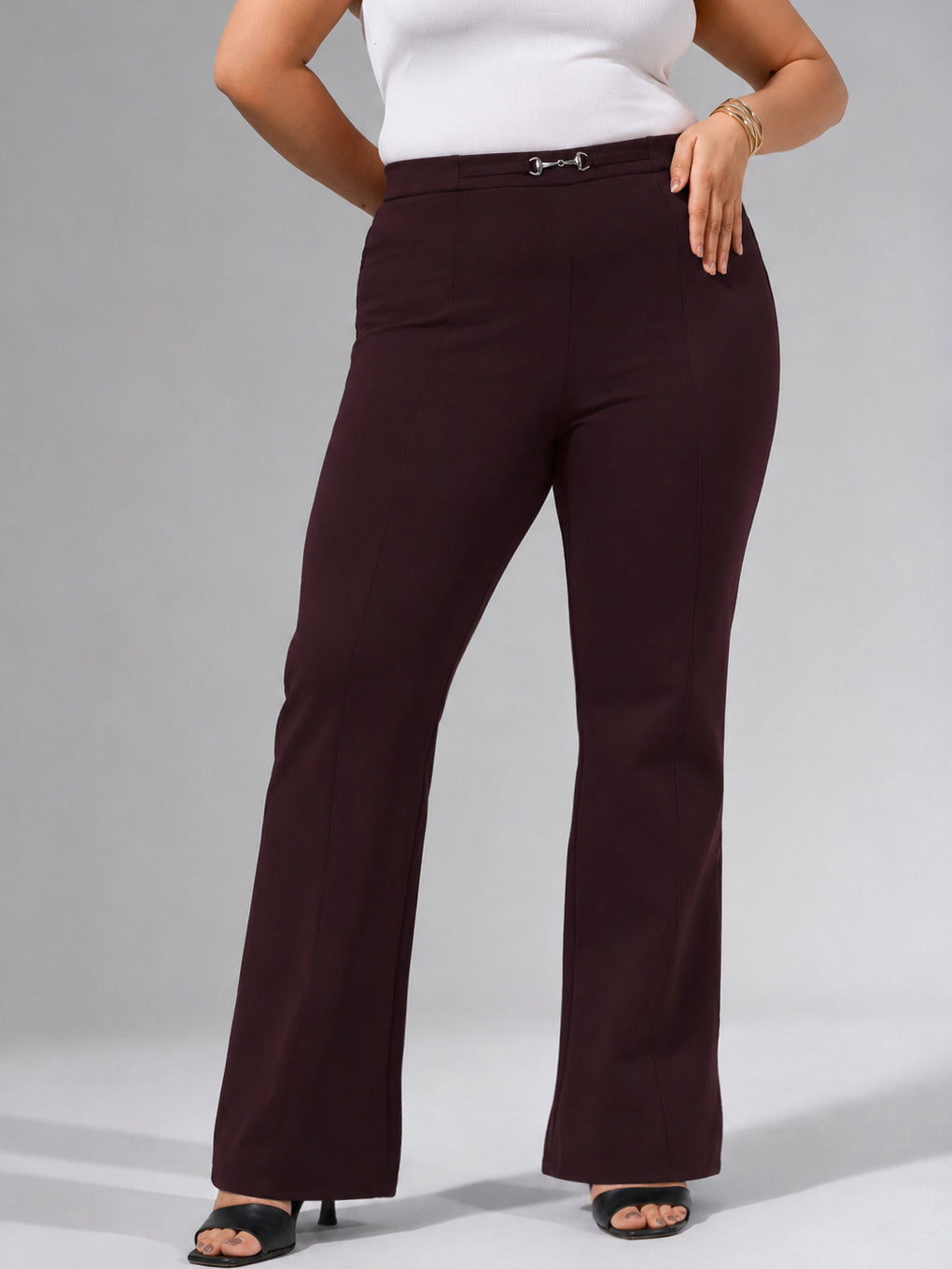 Women Burgundy Roma Front Metal Trim Bell Bottom Pants