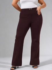 Women Burgundy Roma Front Metal Trim Bell Bottom Pants