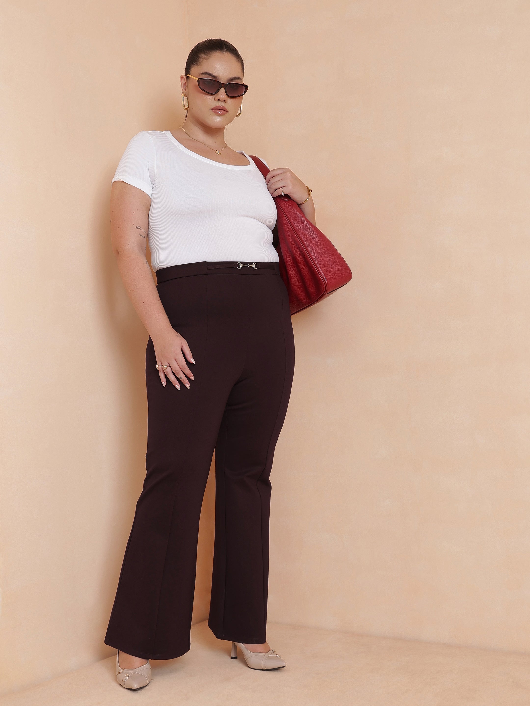 DesiQlo Burgundy Roma Front Metal Trim Bell Bottom Pants - Maroon