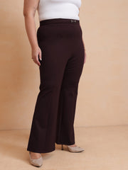 Women Burgundy Roma Front Metal Trim Bell Bottom Pants