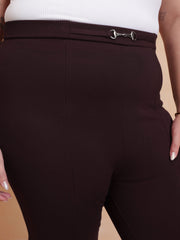 Women Burgundy Roma Front Metal Trim Bell Bottom Pants