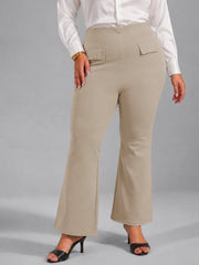 Women Beige Front Flap Bell Bottom Pants