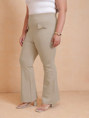 Women Beige Front Flap Bell Bottom Pants