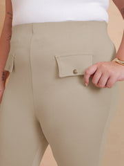 Women Beige Front Flap Bell Bottom Pants