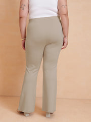 Women Beige Front Flap Bell Bottom Pants