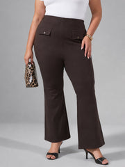 Women Coffee Brown Front Flap Bell Bottom Pants