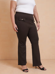 Women Coffee Brown Front Flap Bell Bottom Pants