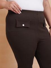 Women Coffee Brown Front Flap Bell Bottom Pants