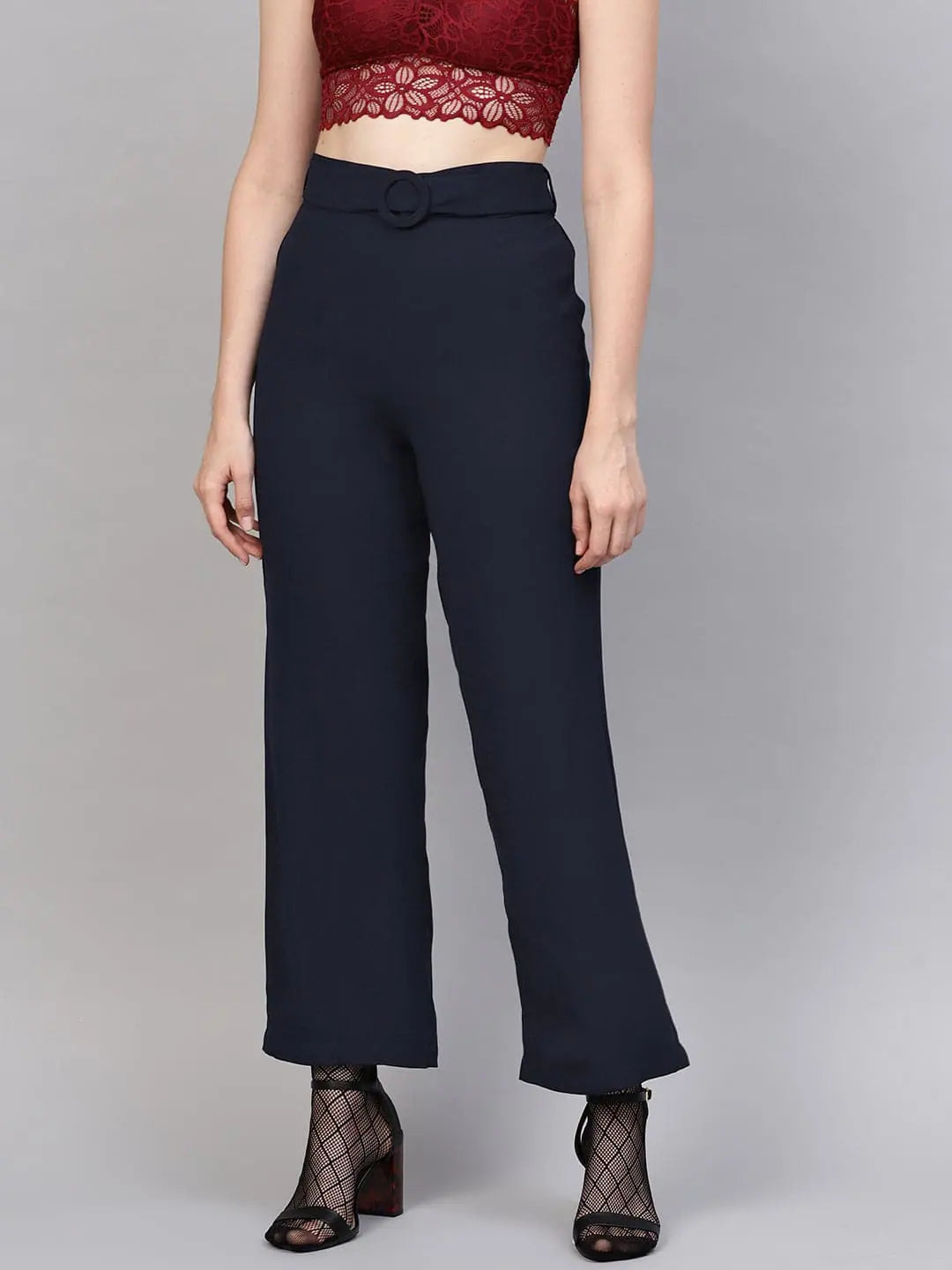 Navy Flared Pant | Buckle Belted Polyester Comfort Fit