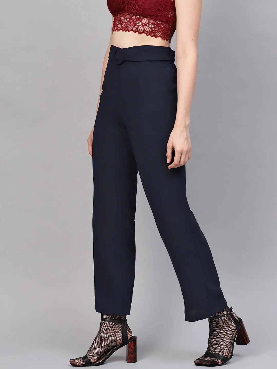 Navy Flared Pant | Buckle Belted Polyester Comfort Fit