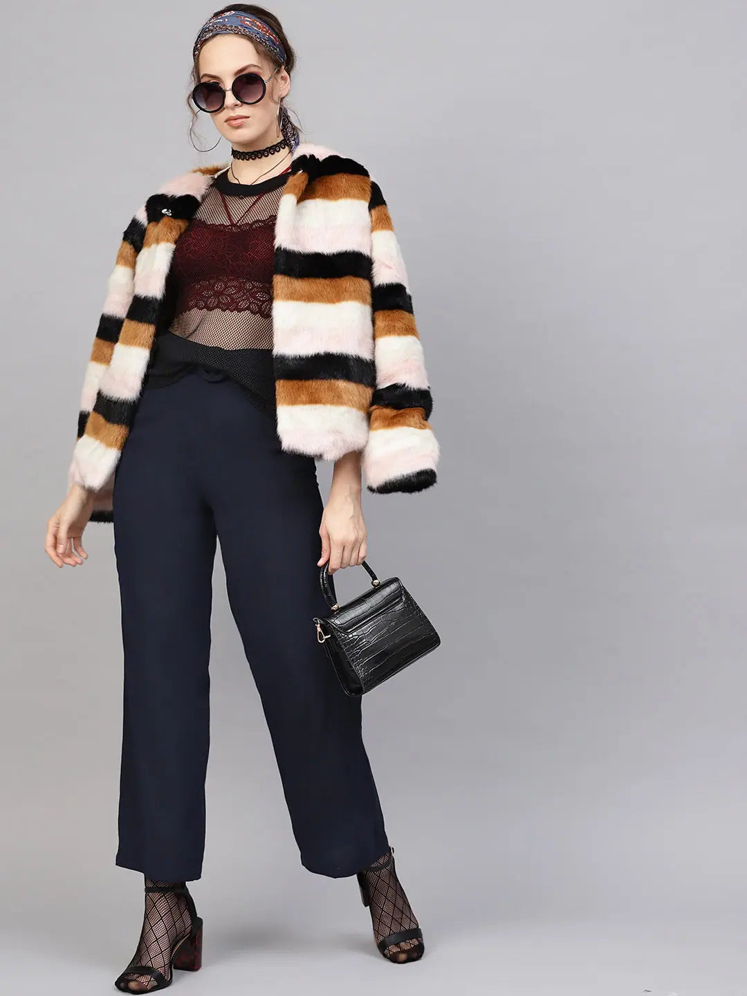 Navy Flared Pant | Buckle Belted Polyester Comfort Fit