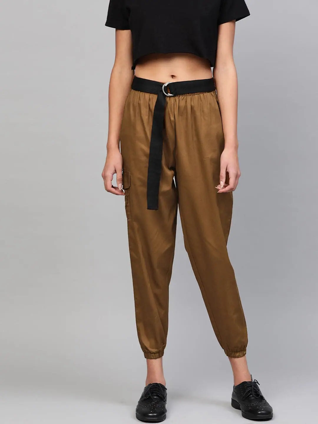 Brown Cotton Jogger Pants with Belt | Comfort Fit Style