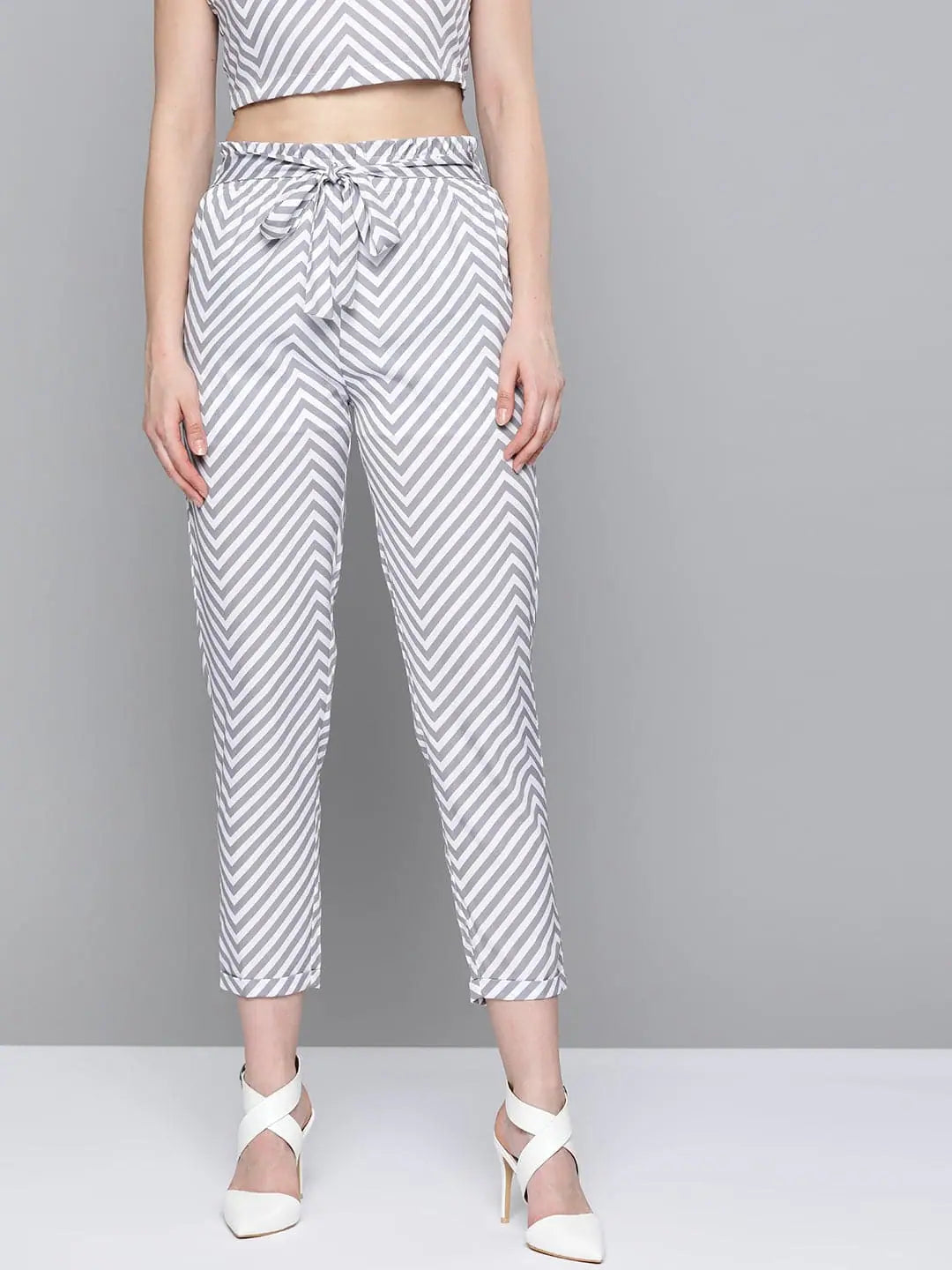 Grey Chevron Tapered Pant - Women's Belted Comfort Fit