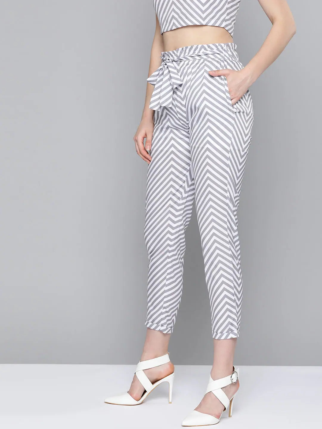 Grey Chevron Tapered Pant - Women's Belted Comfort Fit