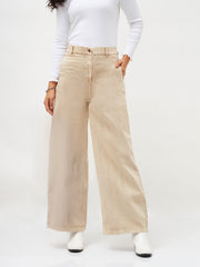 Women Beige Denim Flared Pants-SFPANT5300