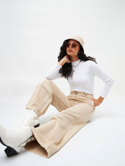 Women Beige Denim Flared Pants-SFPANT5300