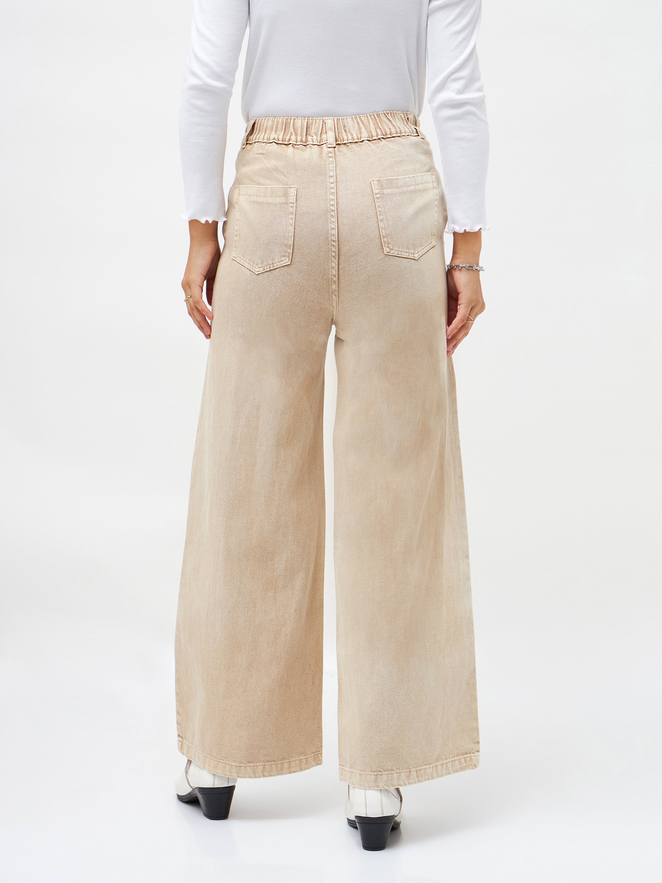 Women Beige Denim Flared Pants-SFPANT5300
