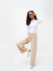 Women Beige Denim Flared Pants-SFPANT5300