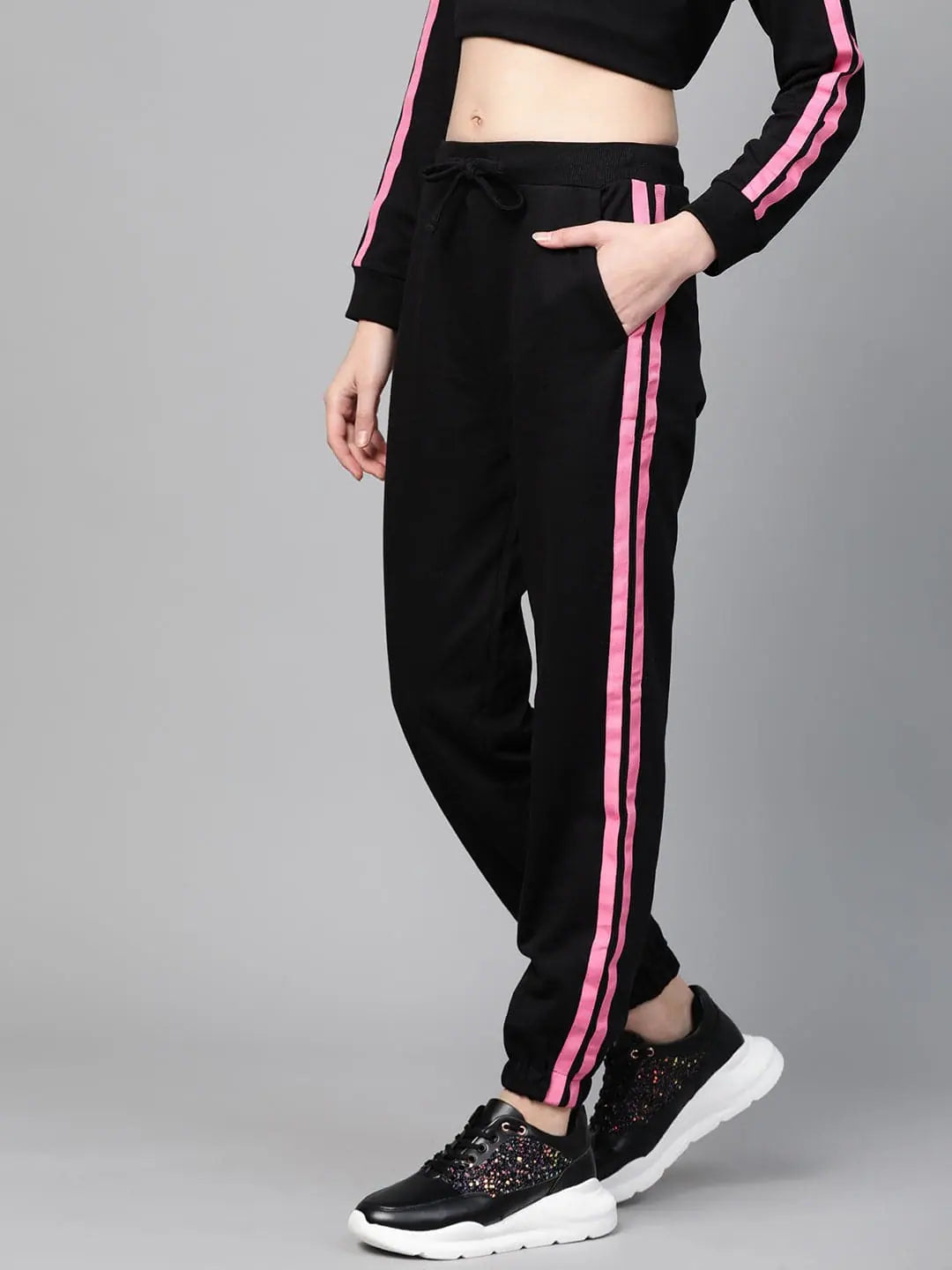 Black Terry Jogger | Contrast Side Tape Workout Pants for Women