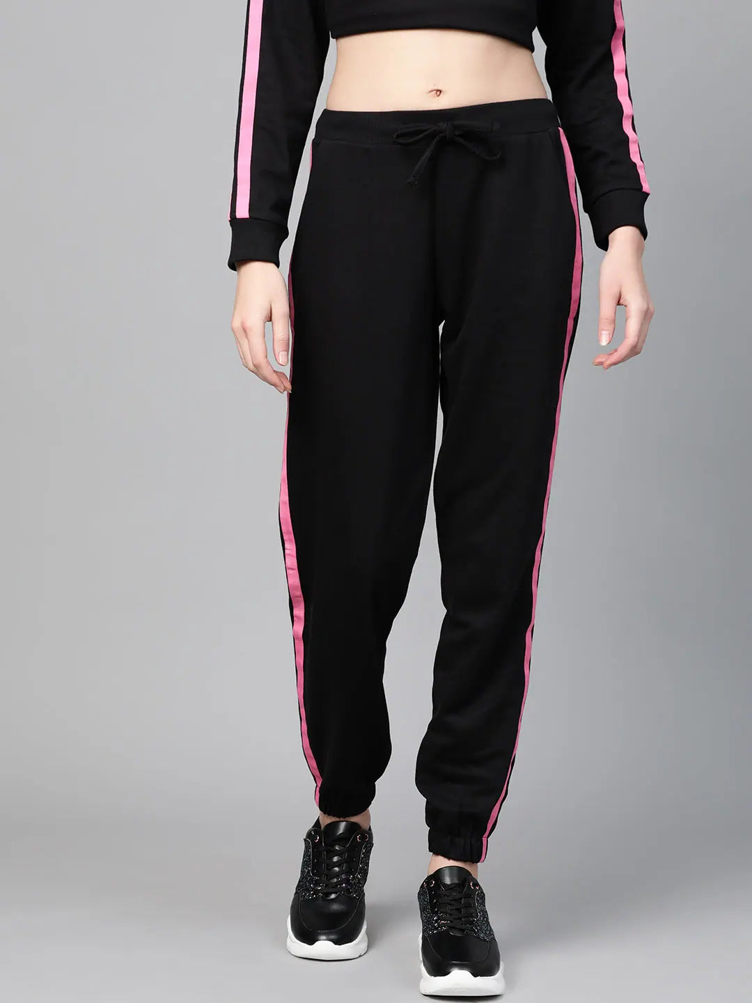 Black Terry Jogger | Contrast Side Tape Workout Pants for Women