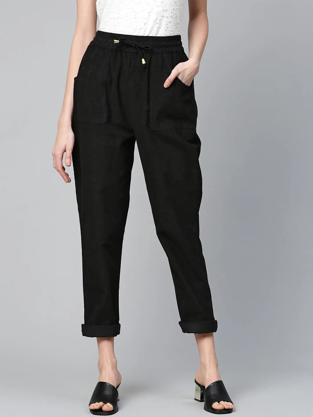 Black Corduroy Drawstring Pants - Women's Western Outfits