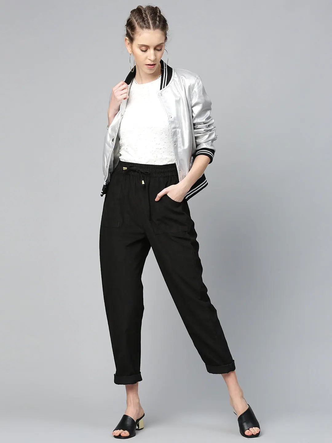 Black Corduroy Drawstring Pants - Women's Western Outfits
