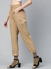 Beige Corduroy Street Style Drawstring Pants
