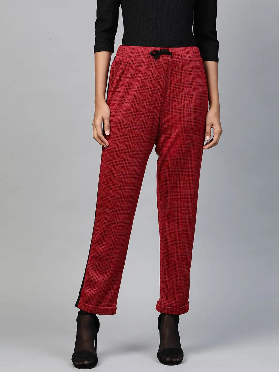 Red Check Jacquard Pants with Side Tape | Women's Lehenga Bottoms