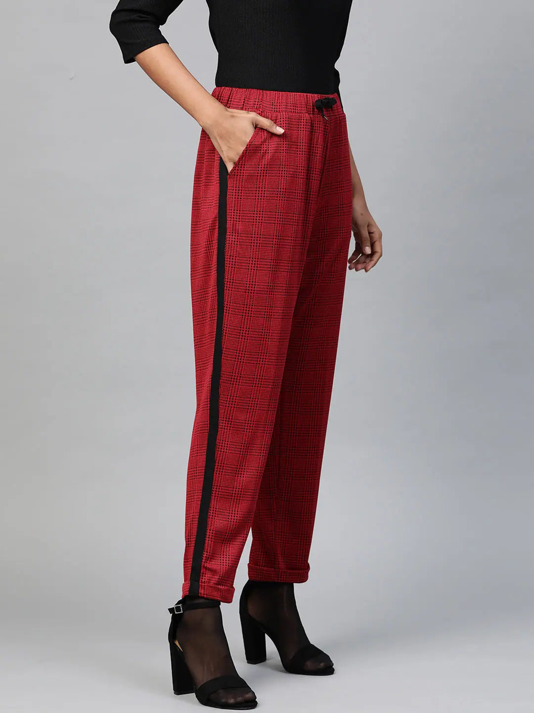 Red Check Jacquard Pants with Side Tape | Women's Lehenga Bottoms