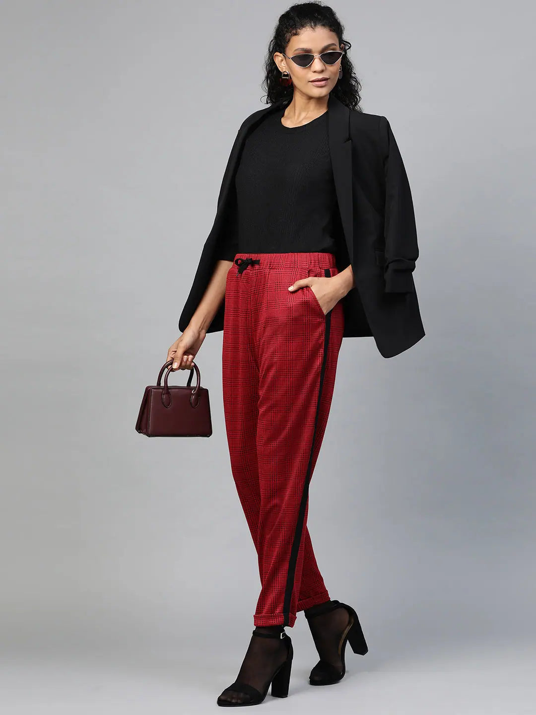 Red Check Jacquard Pants with Side Tape | Women's Lehenga Bottoms