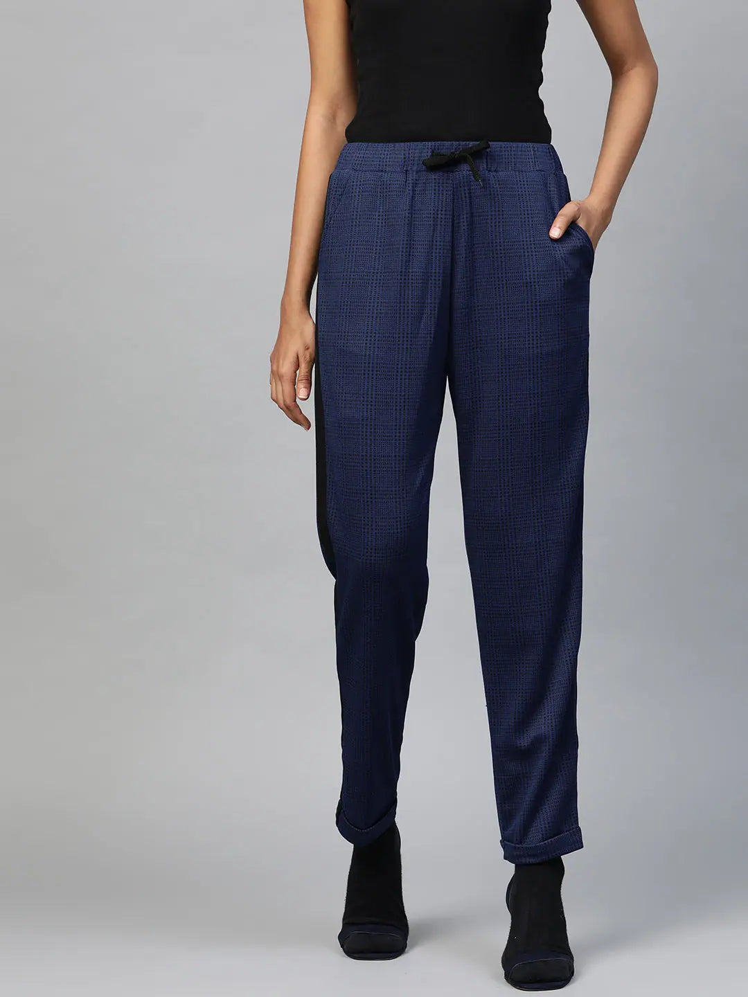 Navy Check Jacquard Pants - Women's Western Wear Outfits