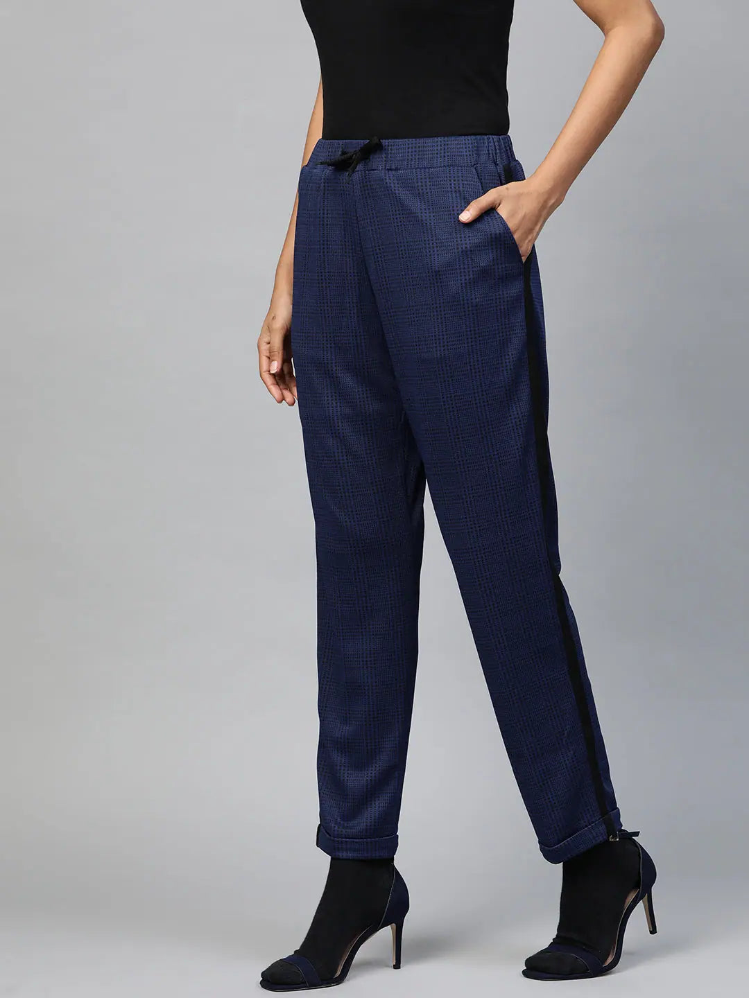 Navy Check Jacquard Pants - Women's Western Wear Outfits