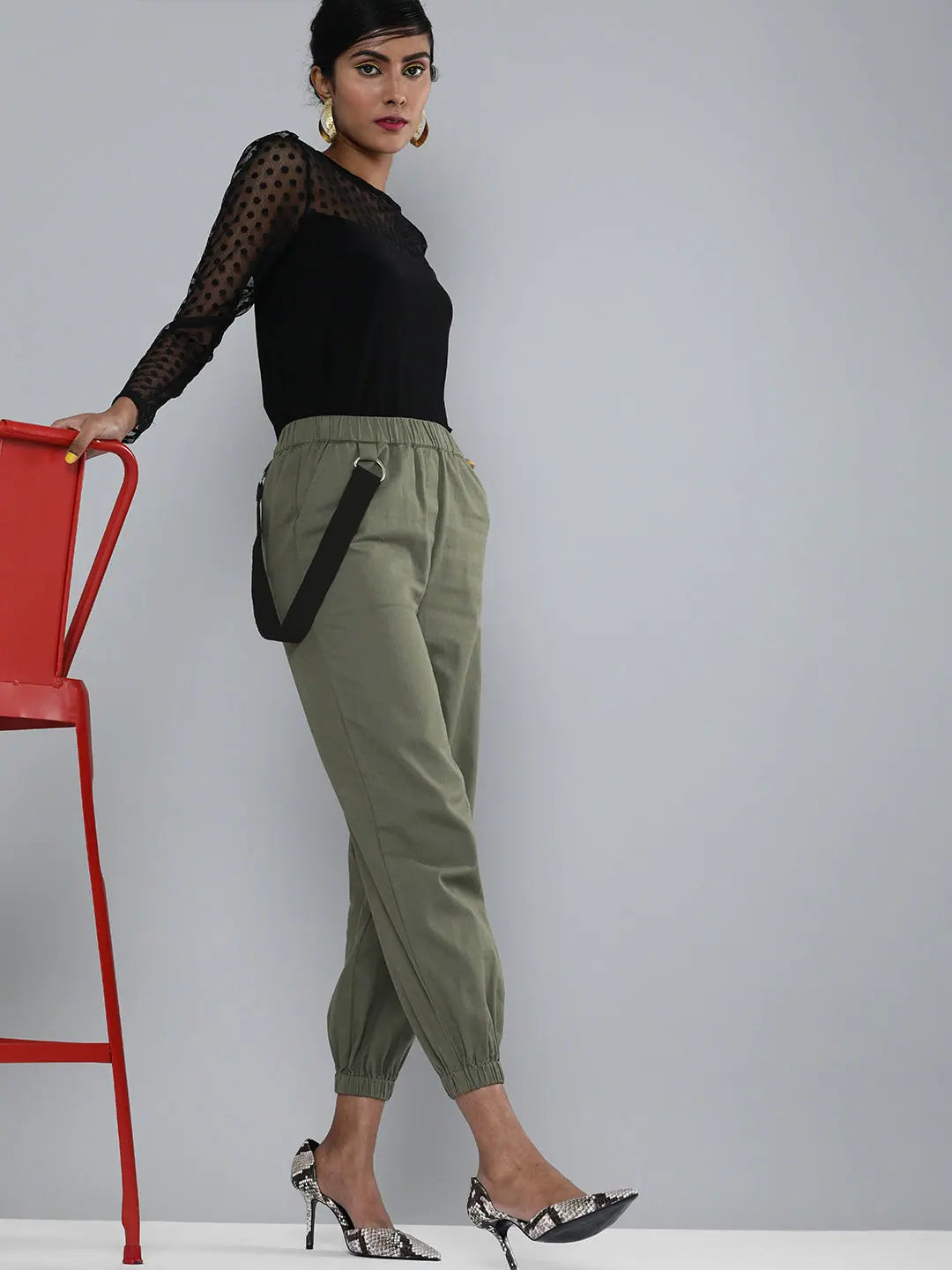 Olive Cotton Joggers with Contrast Tape - Women's Comfort Fit