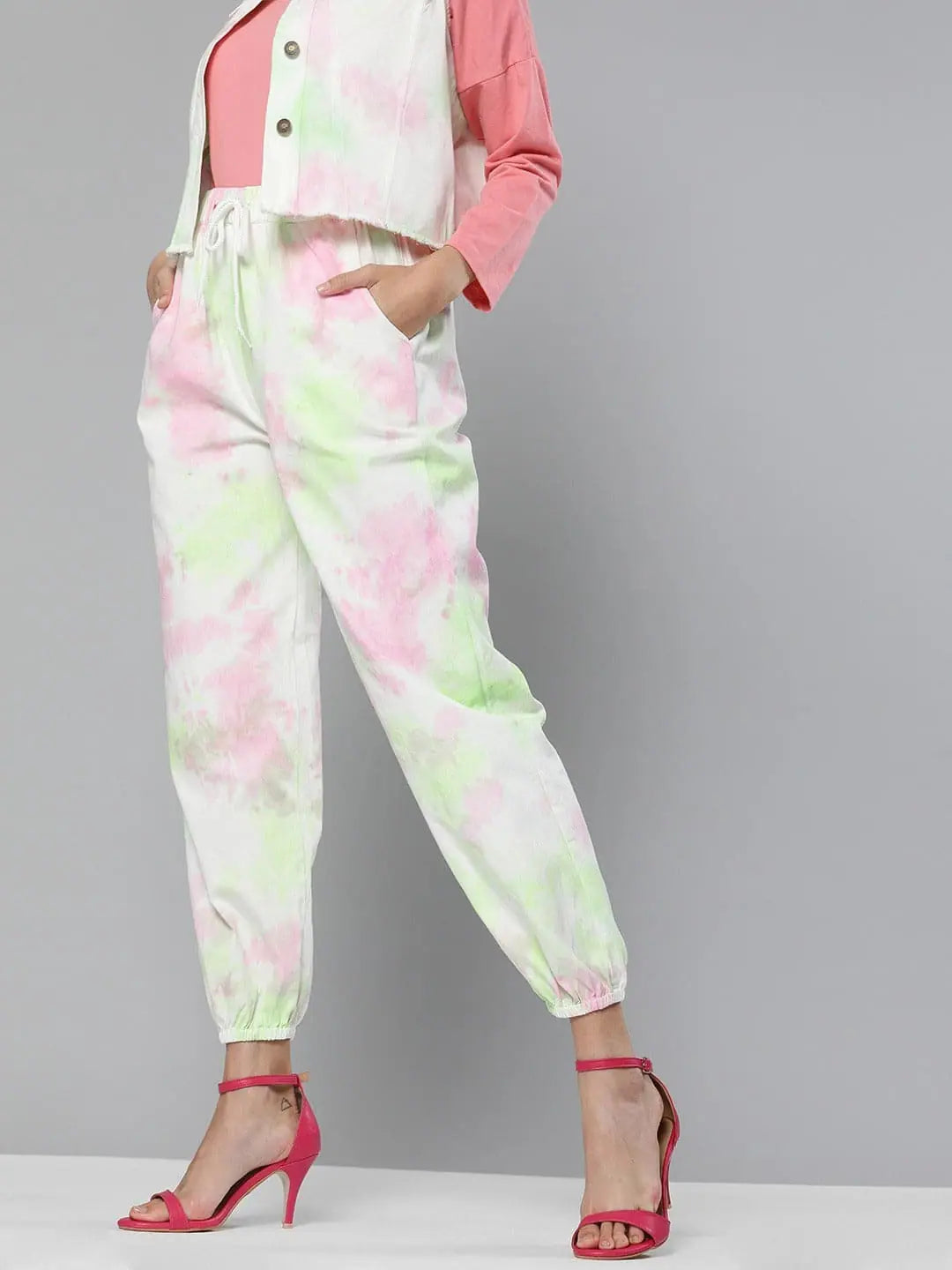 Tie-Dye Twill Joggers - Green & Pink Cotton Comfort Fit