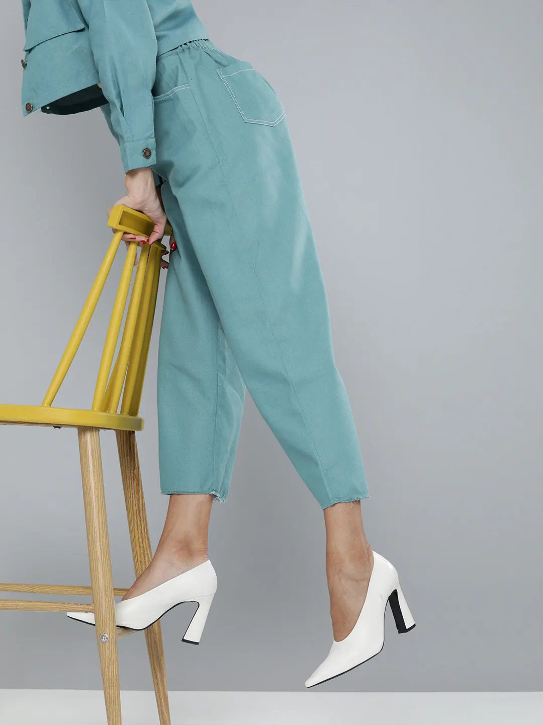 Sea Green Denim Wide Pants | Comfort Fit Raw Hemline Design