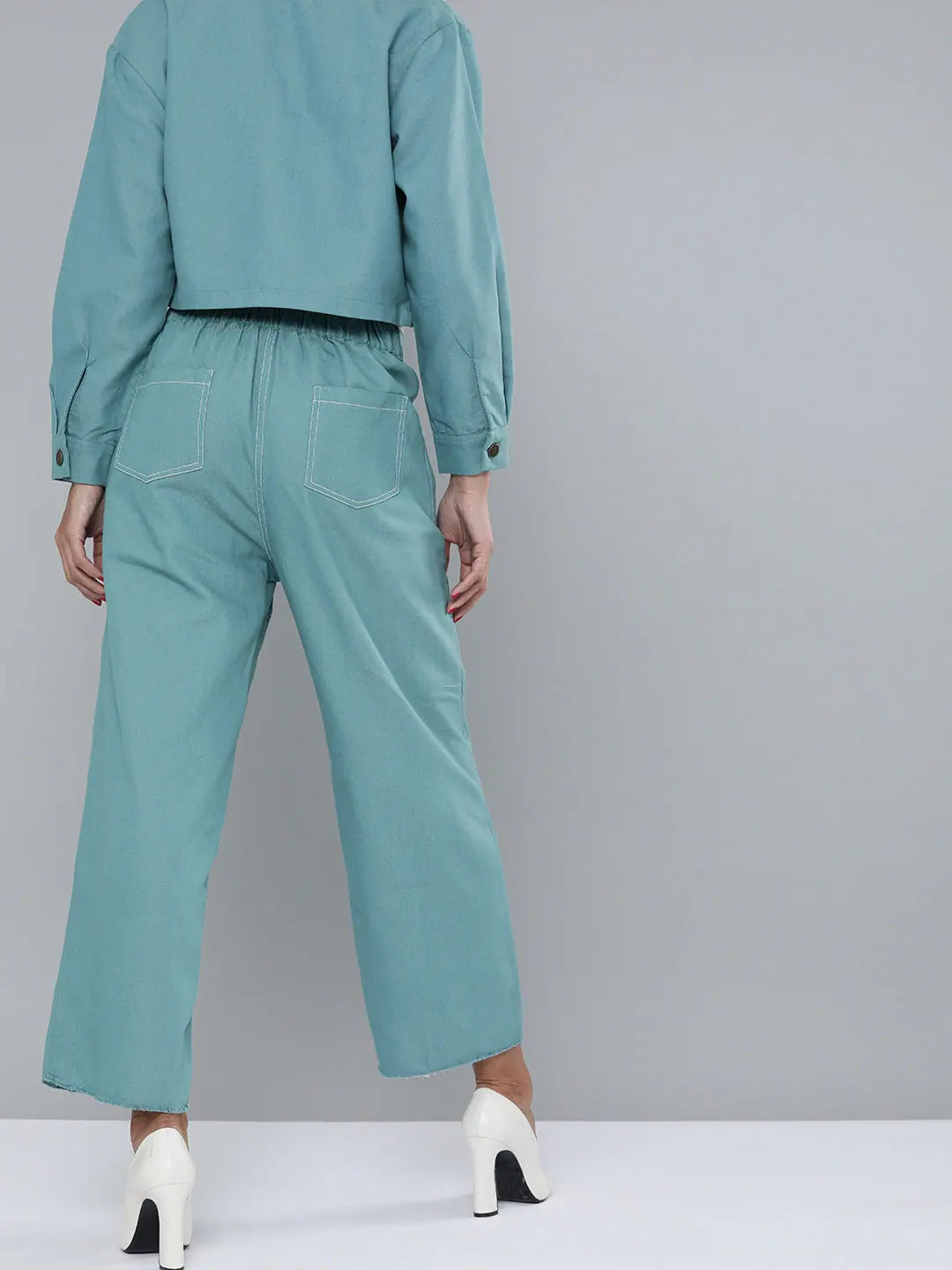 Sea Green Denim Wide Pants | Comfort Fit Raw Hemline Design