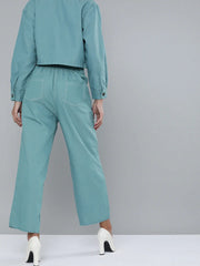 Sea Green Denim Contrast Stitch Wide Pants
