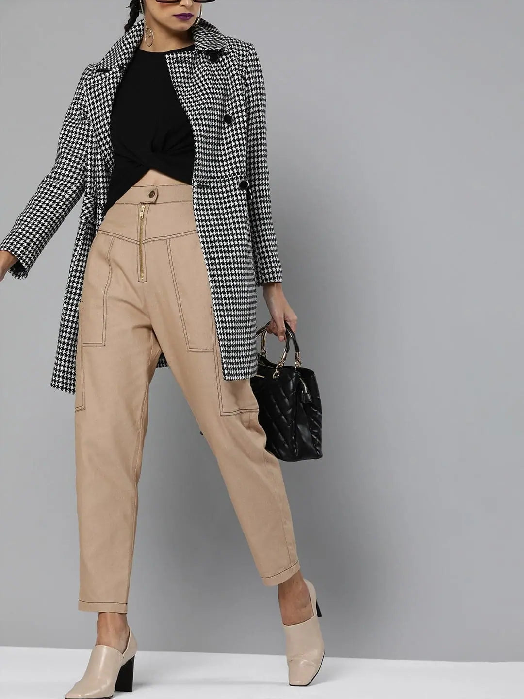 Khaki Contrast Stitch Cotton Pants | Comfort Fit & Stylish