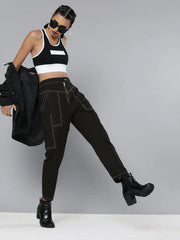 Black Contrast Stitch Zipper Fly Pants