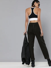 Black Contrast Stitch Zipper Fly Pants