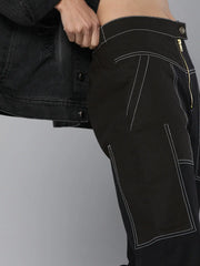 Black Contrast Stitch Zipper Fly Pants