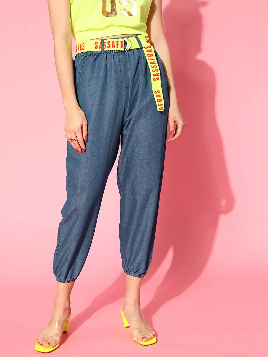 Blue Belted Denim Joggers | Women's Western Wear Outfits