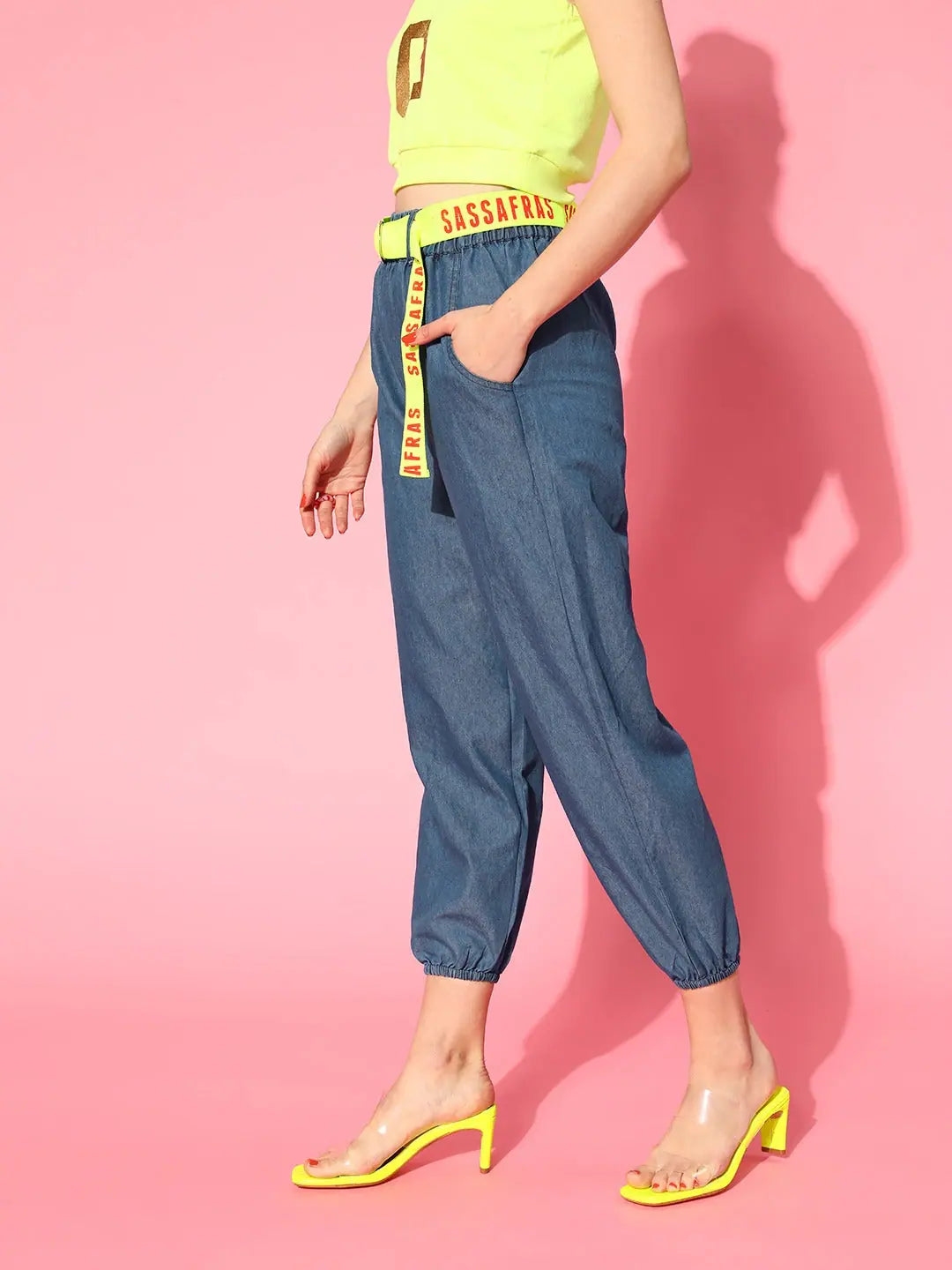 Blue Belted Denim Joggers | Women's Western Wear Outfits