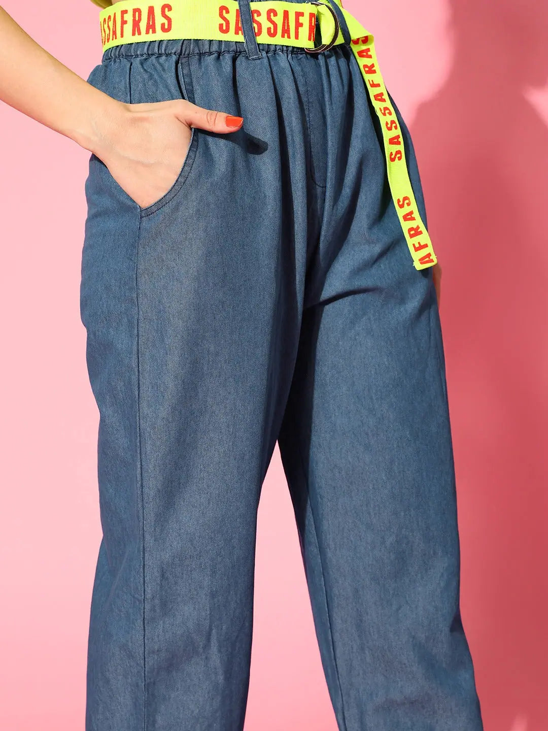 Blue Belted Denim Joggers | Women's Western Wear Outfits