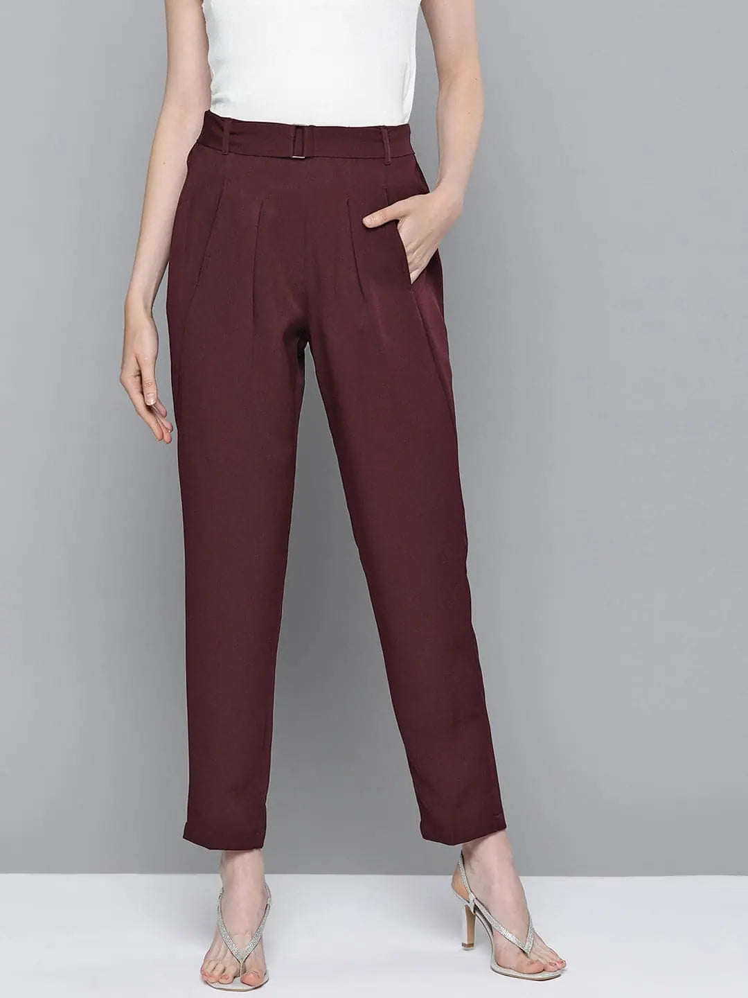 Burgundy Front Pleat Tapered Pants - Lehenga Inspired Style