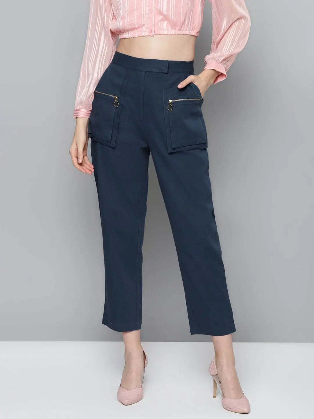 Navy Big Pockets Twill Pants | Lehenga for Women