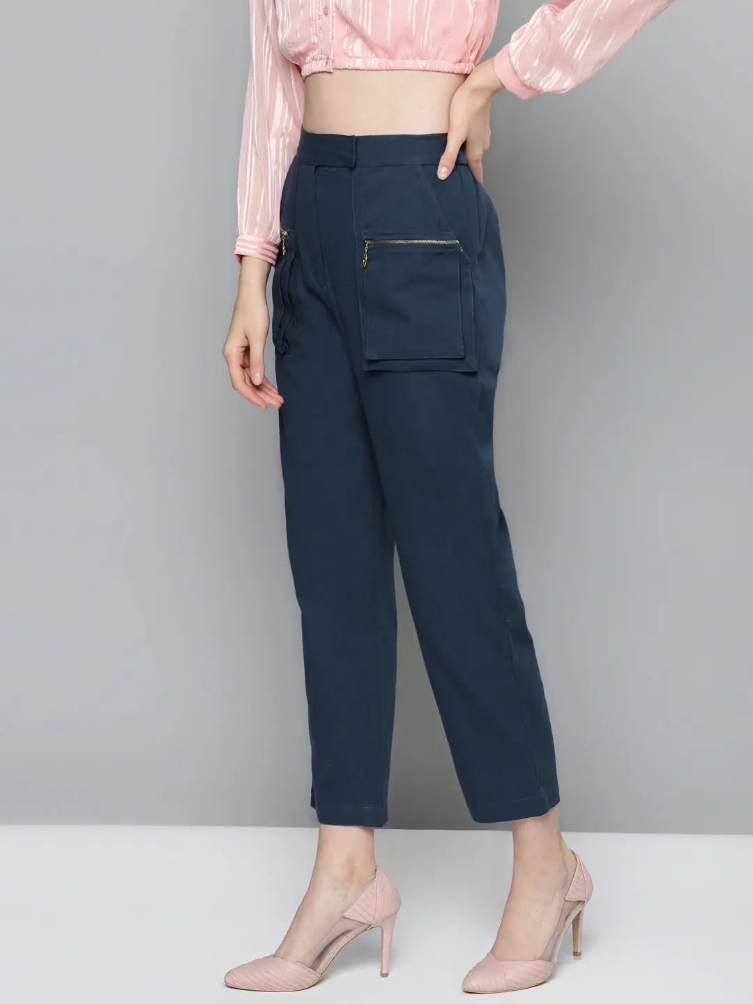 Navy Big Pockets Twill Pants | Lehenga for Women