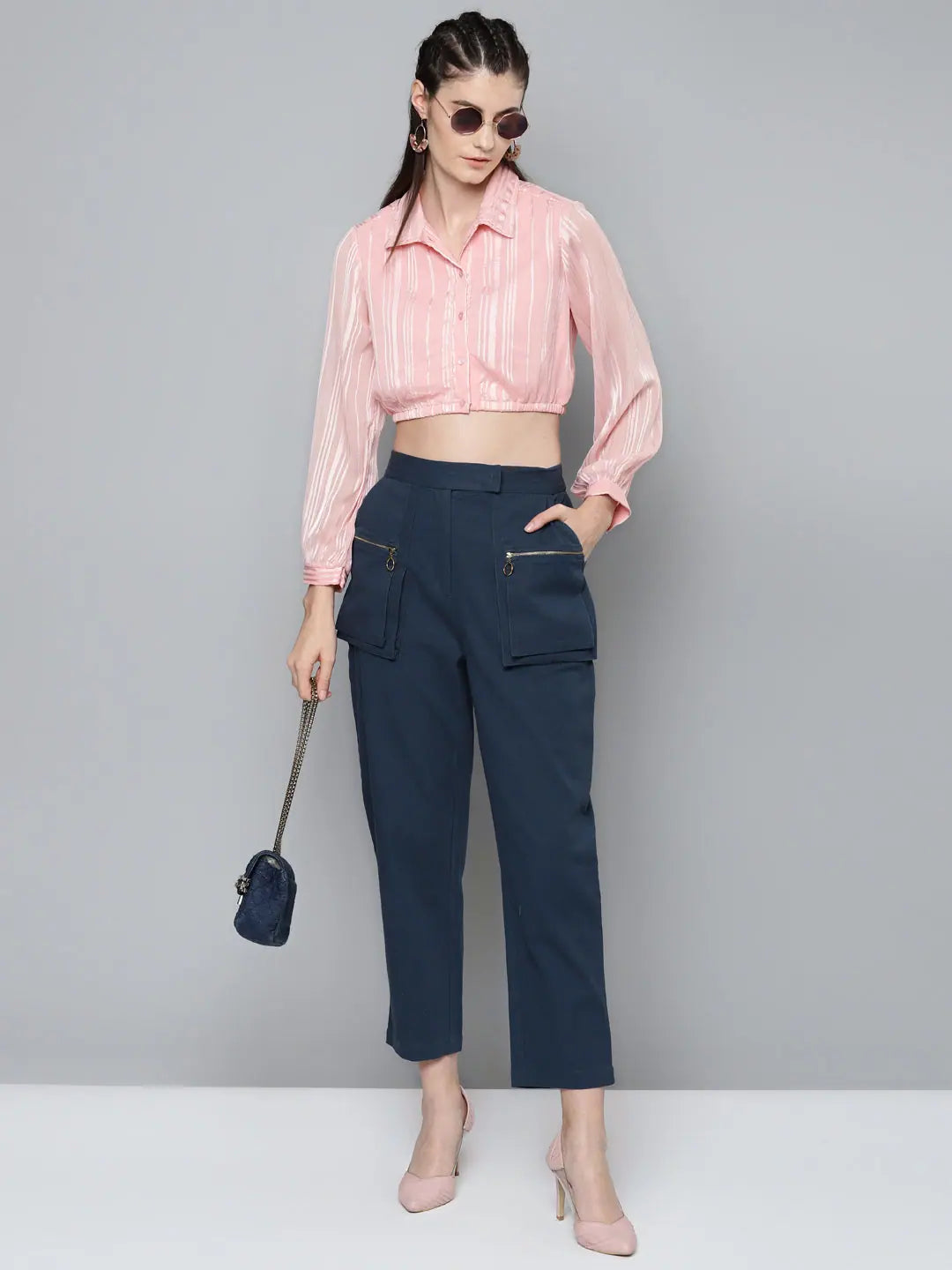 Navy Big Pockets Twill Pants | Lehenga for Women