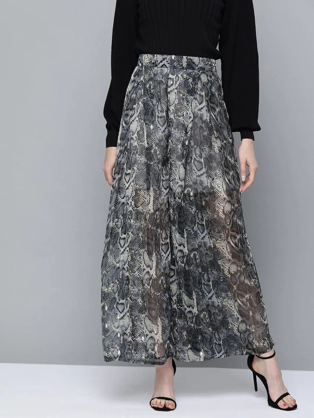 Grey Animal Print Wide Leg Pants | Ethnic Lehenga for Women