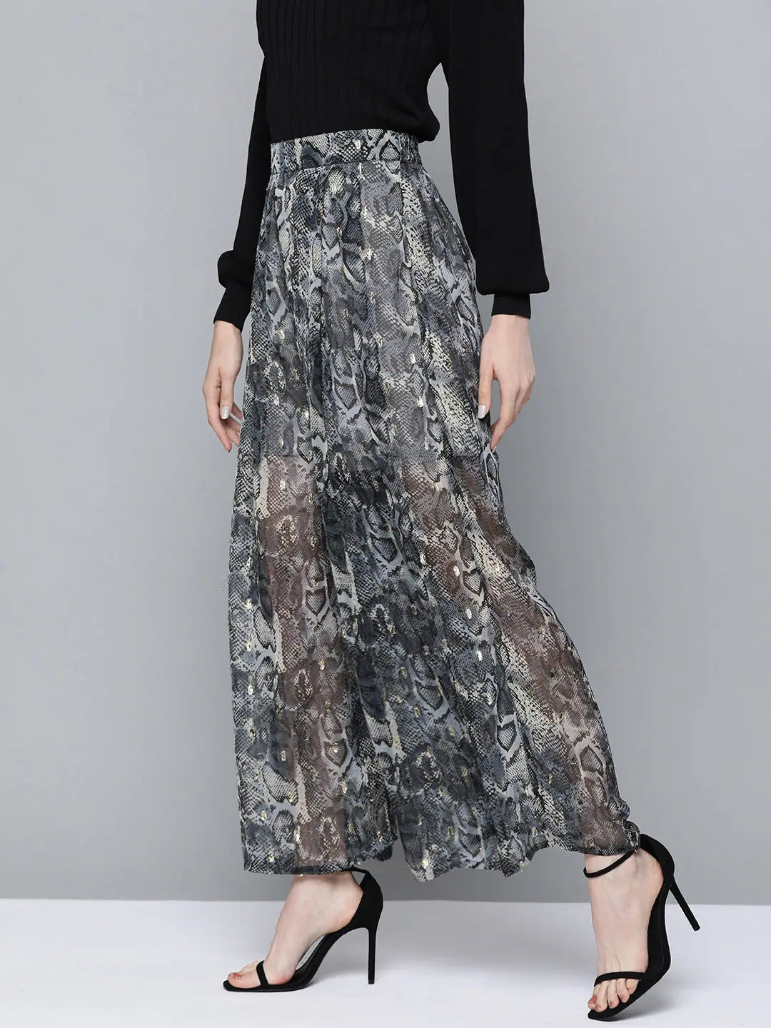Grey Animal Print Wide Leg Pants | Ethnic Lehenga for Women
